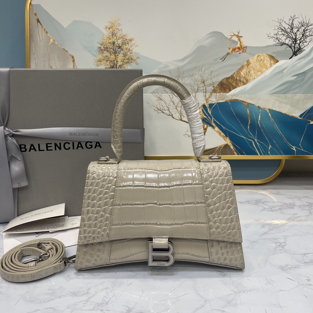 Ba*len*cia*ga WOMEN'S HOURGLASS MINI HANDBAG CROCODILE EMBOSSED IN GRAY L7.4 x H5.1 x W3.1 inch