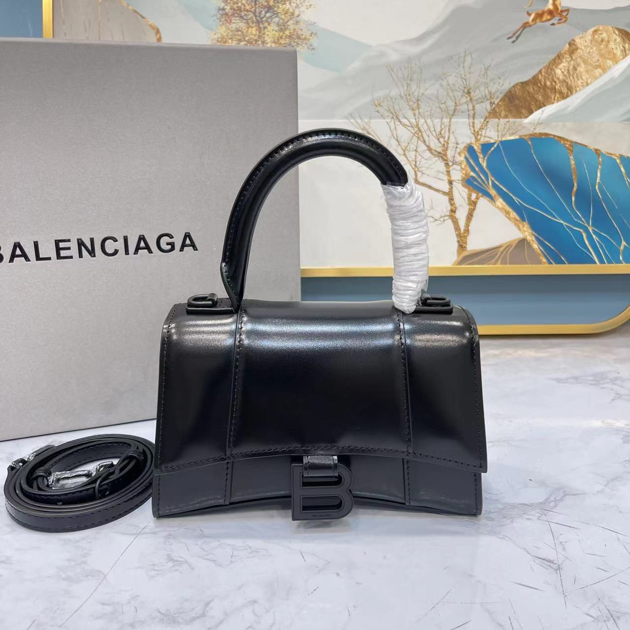 Ba*len*cia*ga WOMEN'S HOURGLASS MINI HANDBAG BOX IN BLACK HARDWARE L7.4 x H5.1 x W3.1 inch