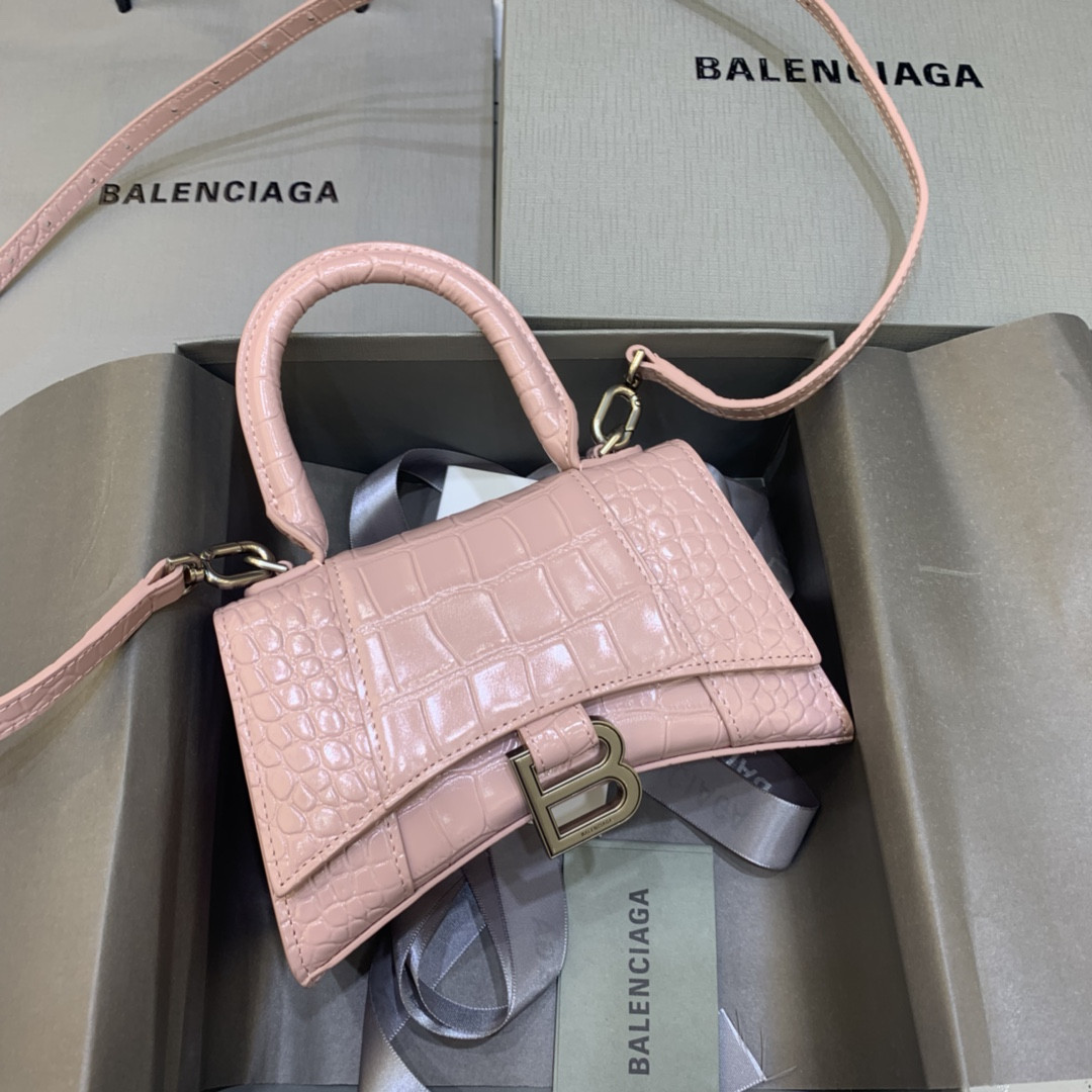 Ba*len*cia*ga WOMEN'S HOURGLASS MINI HANDBAG CROCODILE EMBOSSED IN PINK L7.4 x H5.1 x W3.1 inch