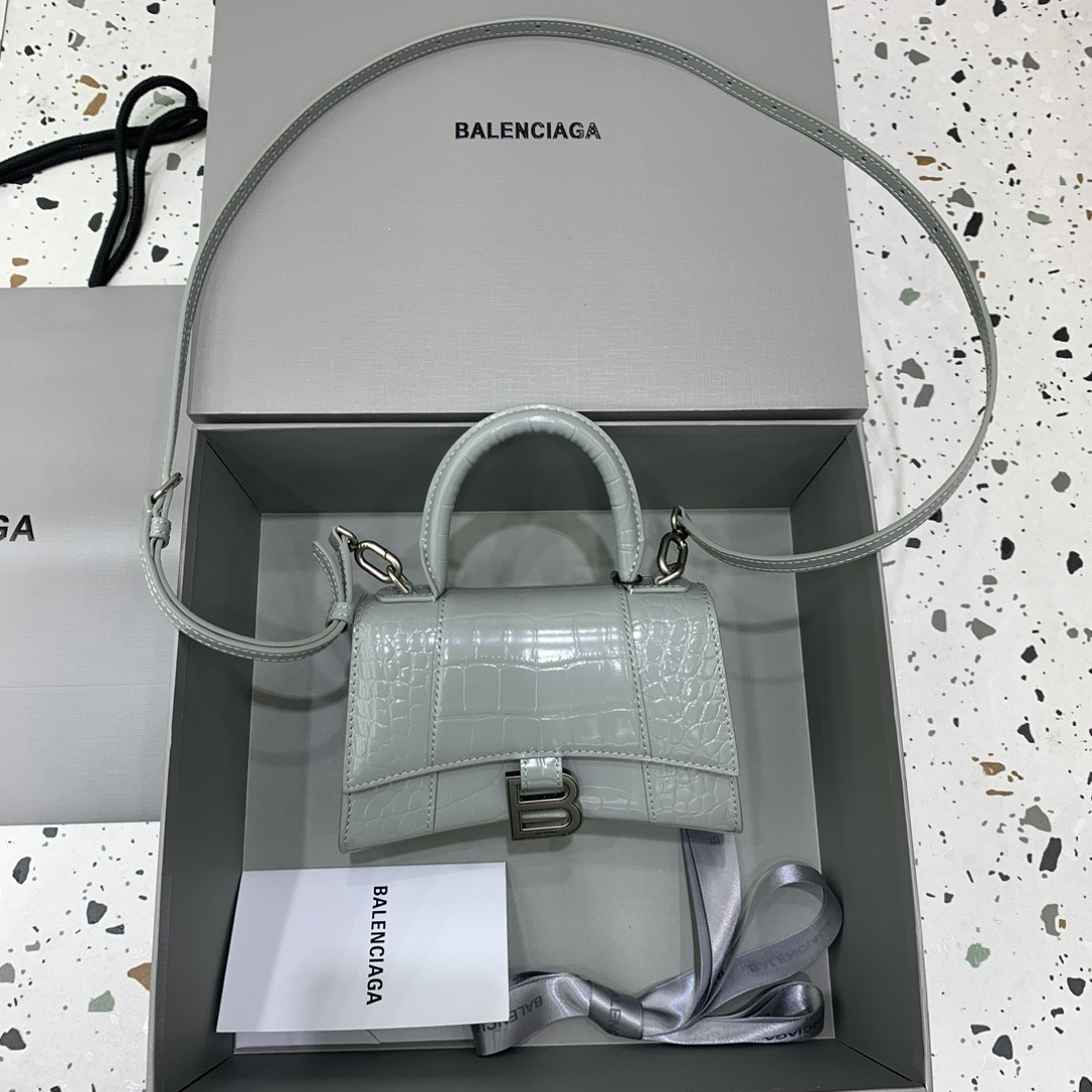 Ba*len*cia*ga WOMEN'S HOURGLASS MINI HANDBAG CROCODILE EMBOSSED IN GREY L7.4 x H5.1 x W3.1 inch