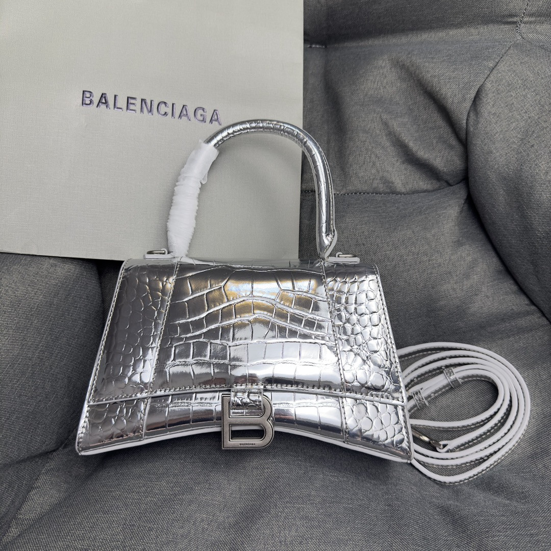 Ba*len*cia*ga WOMEN'S HOURGLASS SMALL HANDBAG CROCODILE EMBOSSED IN SILVER L9 x H5.5 x W3.9 inch
