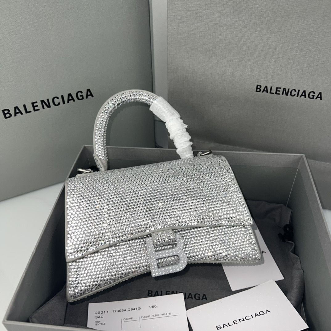 Ba*len*cia*ga WOMEN'S HOURGLASS MINI HANDBAG With Rhinestones Silver L7.4 x H5.1 x W3.1 inch