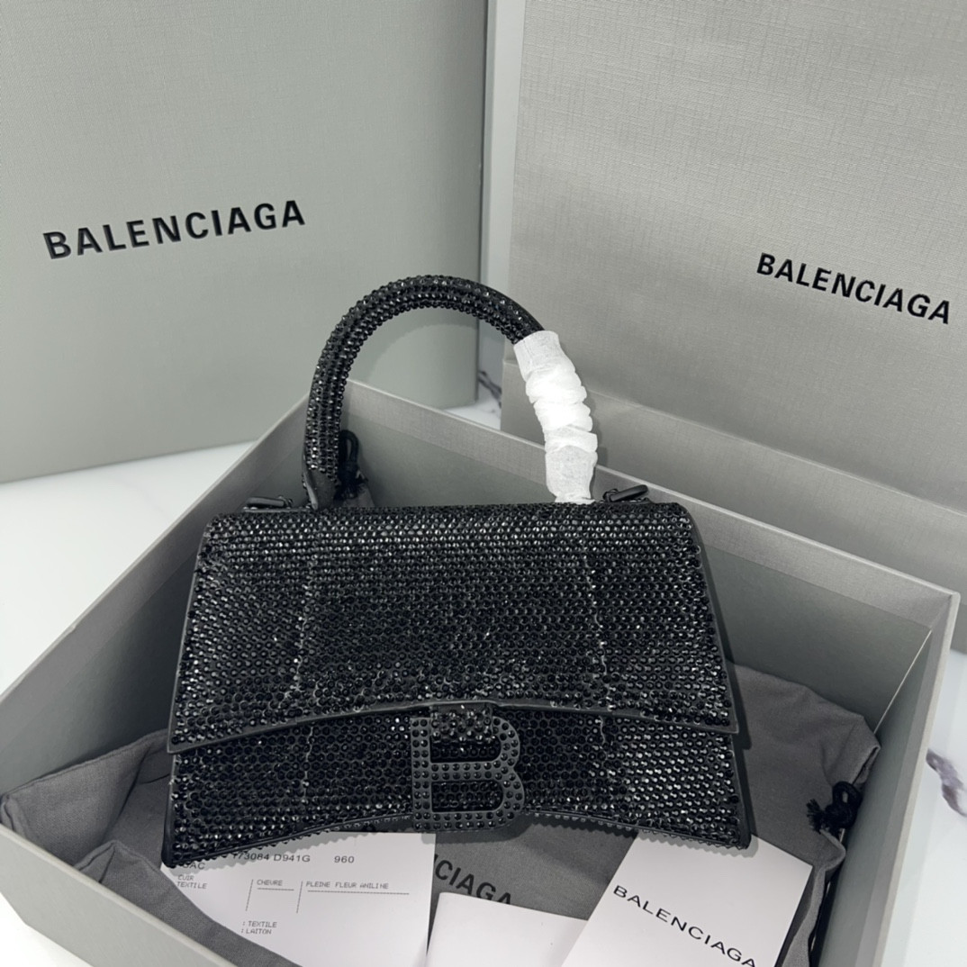 Ba*len*cia*ga WOMEN'S HOURGLASS MINI HANDBAG With Rhinestones Black L7.4 x H5.1 x W3.1 inch
