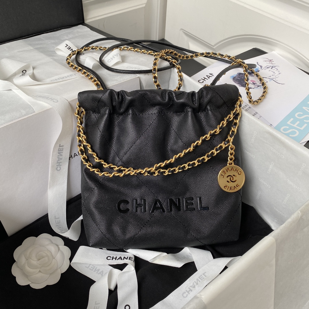 Ch*el 22 MINI HANDBAG GRAINED LEATHER BLACK 7.8 × 7.4 × 2.3 in
