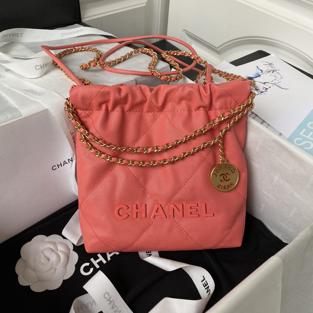 Ch*el 22 MINI HANDBAG GRAINED LEATHER RED 7.8 × 7.4 × 2.3 in