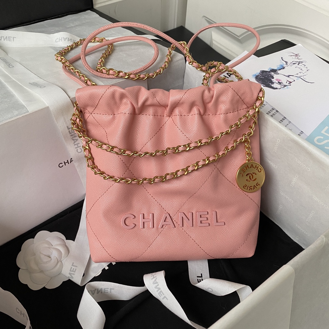 Ch*el 22 MINI HANDBAG GRAINED LEATHER PINK 7.8 × 7.4 × 2.3 in