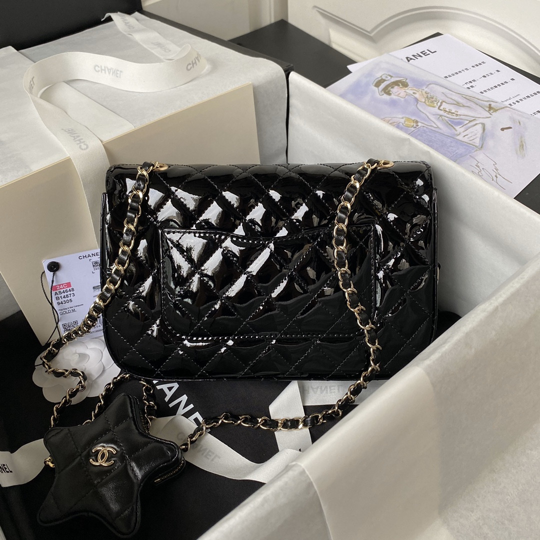 Ch*el FLAP BAG & STAR COIN PURSE BLACK 15.5×24×7.5cm
