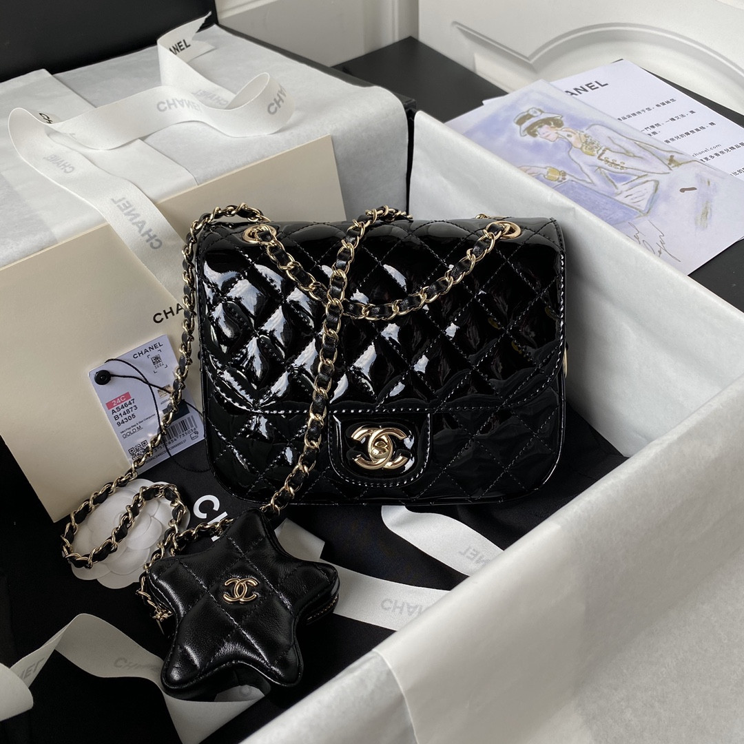 Ch*el MINI FLAP BAG & STAR COIN PURSE BLACK  5.9 × 7.8 × 2.5 in