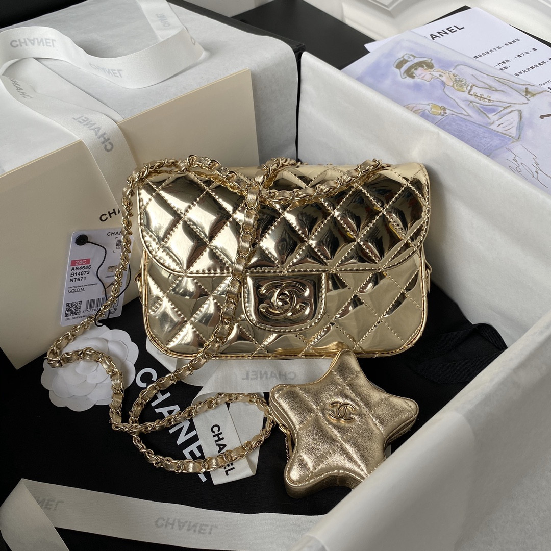 Ch*el FLAP BAG & STAR COIN PURSE GOLD 12.5×19×5cm