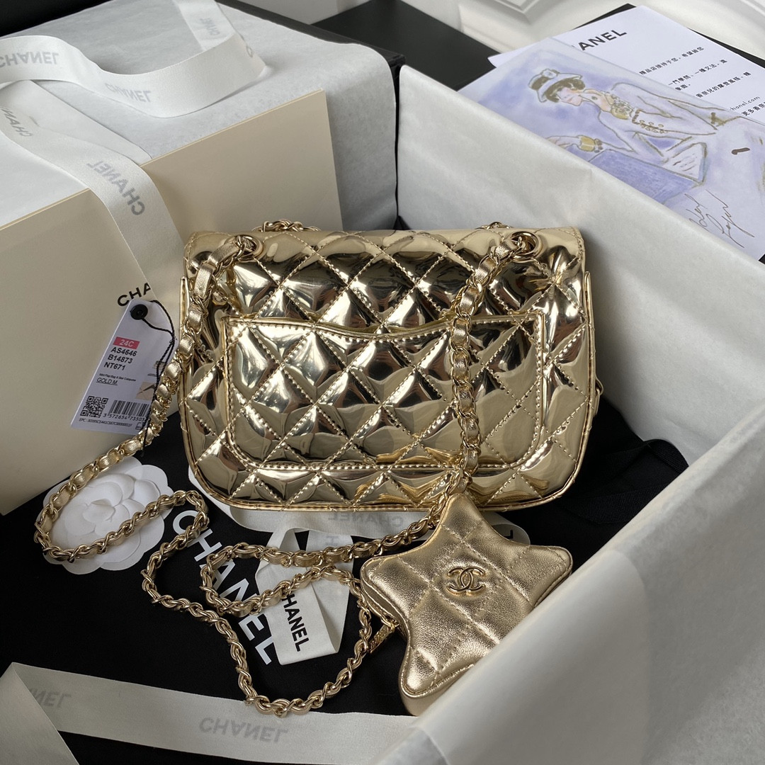Ch*el FLAP BAG & STAR COIN PURSE GOLD 12.5×19×5cm