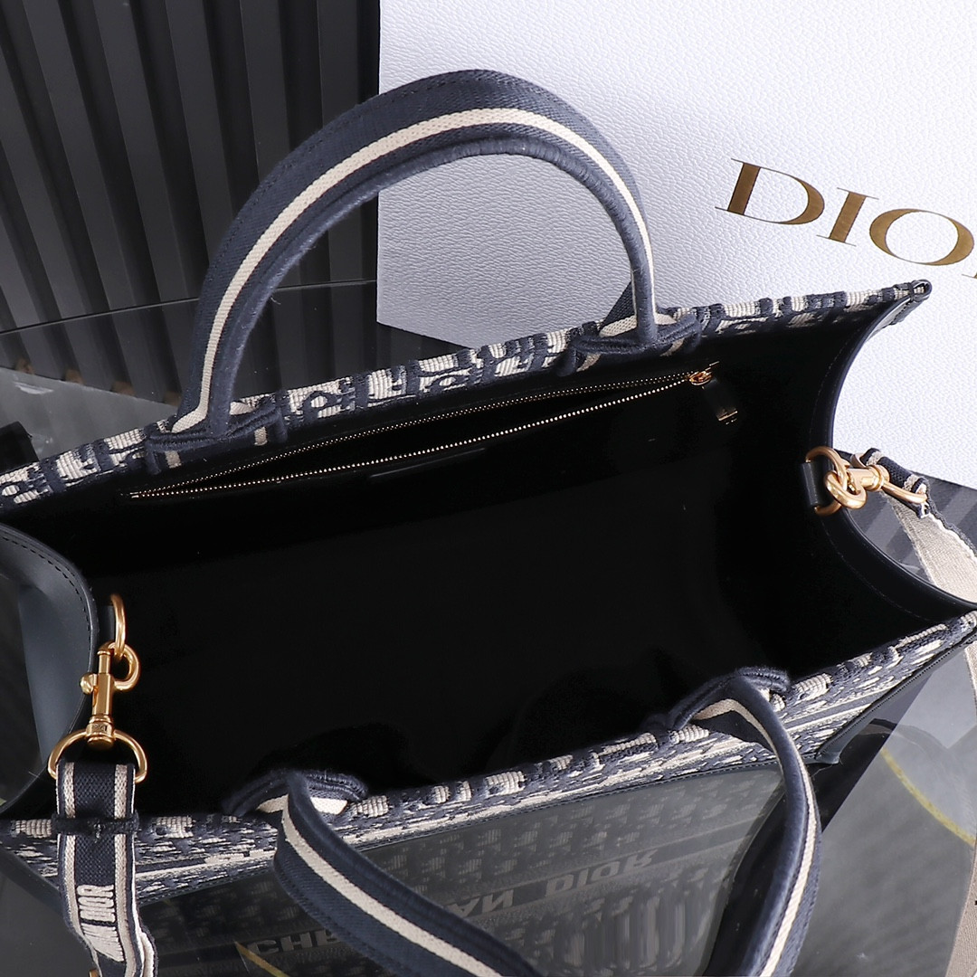 Medium D*0r Book Tote  Blue D*0r Oblique Embroidery and Calfskin 14.5 x 11 x 7 inches