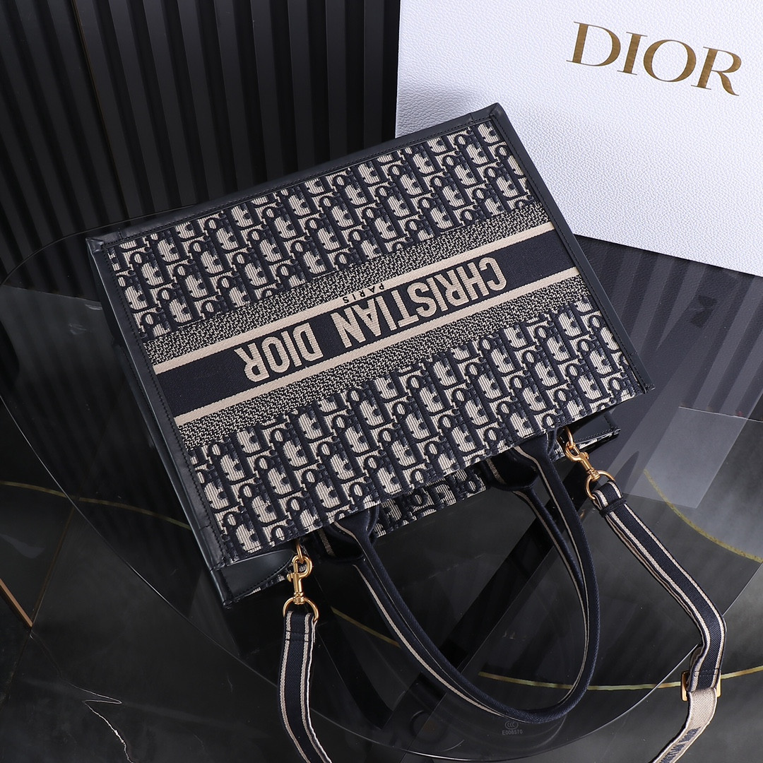 Medium D*0r Book Tote  Blue D*0r Oblique Embroidery and Calfskin 14.5 x 11 x 7 inches