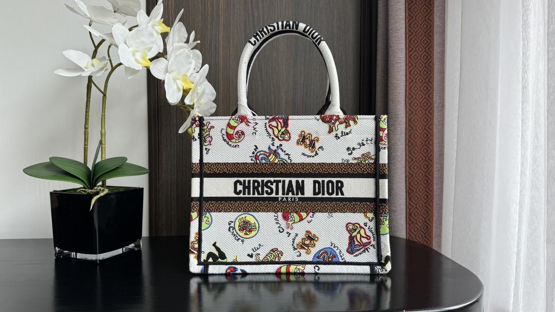 Small D*0r BOOK TOTE WHITE MULTICOLOR DRAGON ZODIAC EMBROIDERY 10.5 x 8.5 x 5.5 inches