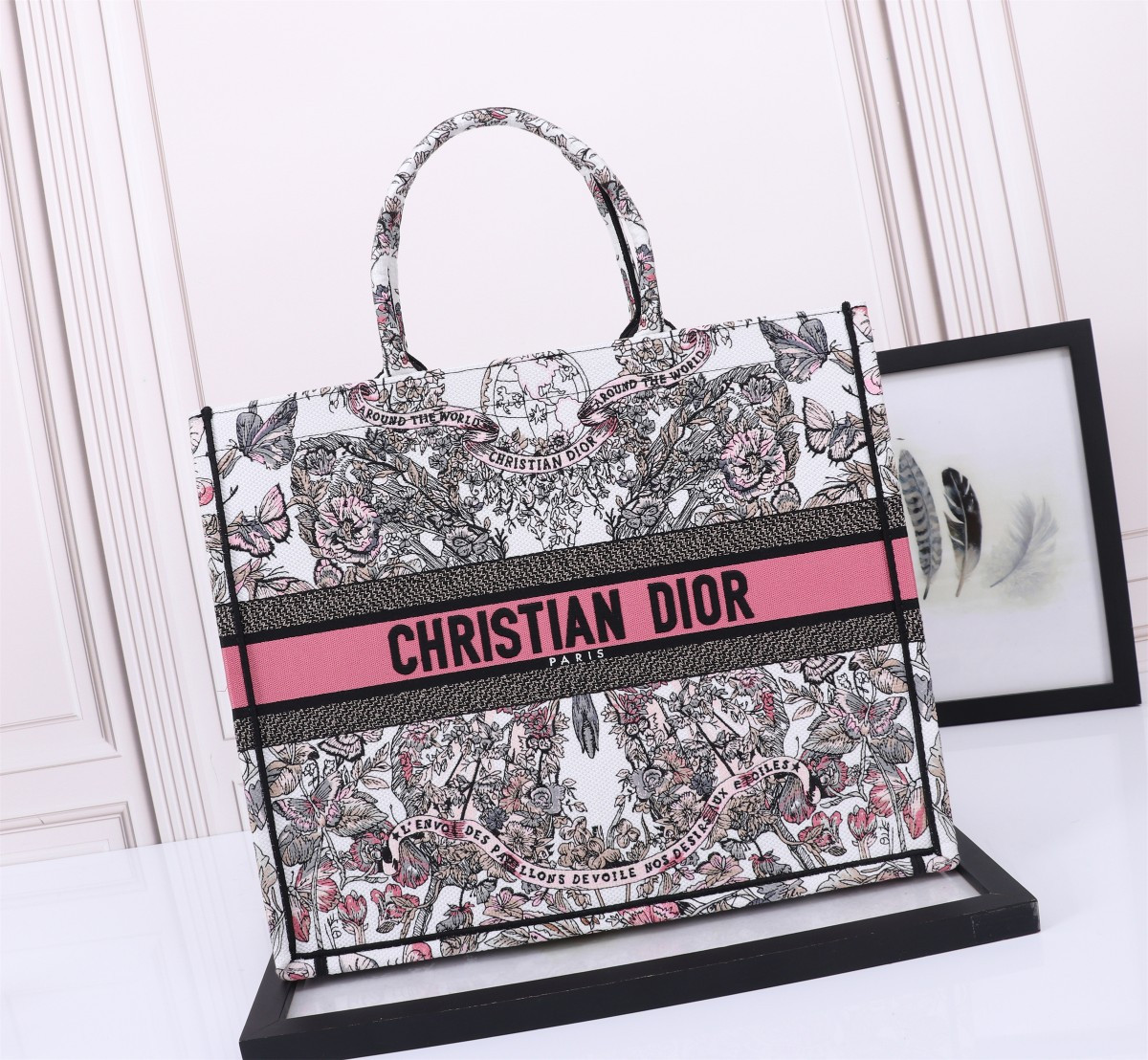 Large D*0r BOOK TOTE WHITE AND PASTEL PINK BUTTERFLY AROUND THE WORLD EMBROIDERY 16.5 x 14 x 7.5 inches