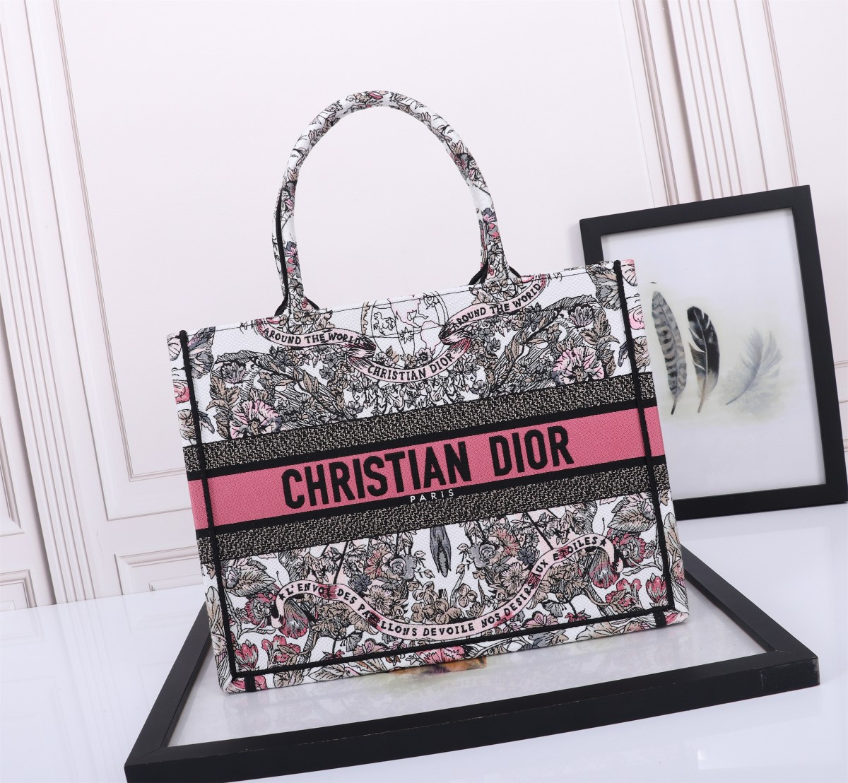 Medium D*0r Book Tote  White and Pastel Pink Butterfly Around The World Embroidery 14 x 11 x 6.5 inches