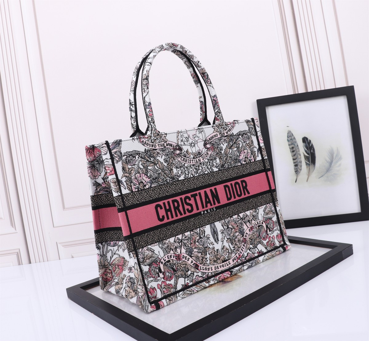 Medium D*0r Book Tote  White and Pastel Pink Butterfly Around The World Embroidery 14 x 11 x 6.5 inches