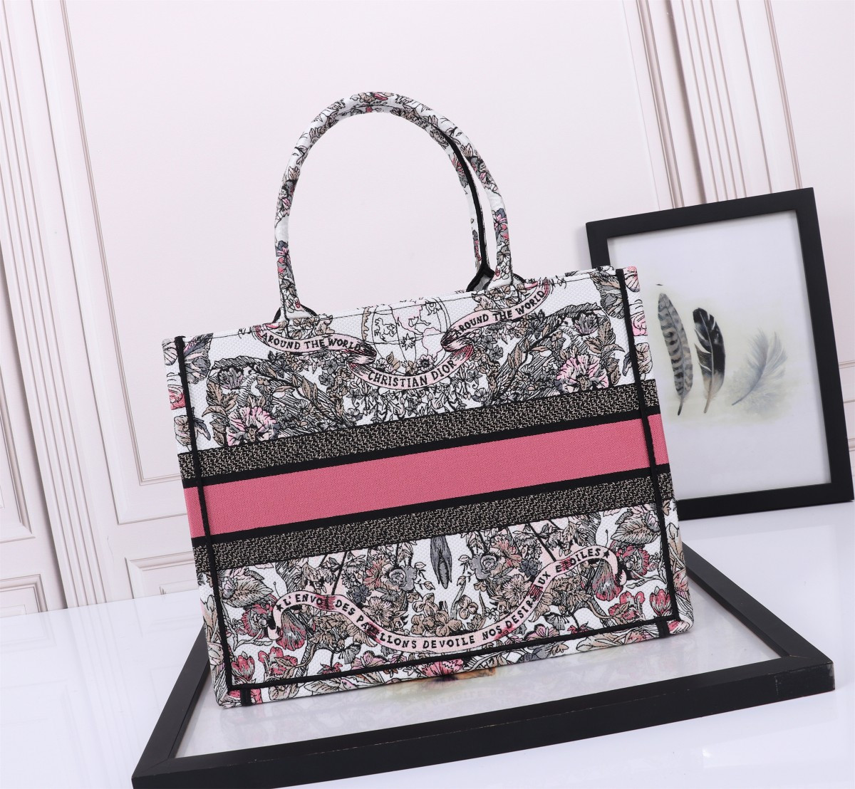 Medium D*0r Book Tote  White and Pastel Pink Butterfly Around The World Embroidery 14 x 11 x 6.5 inches