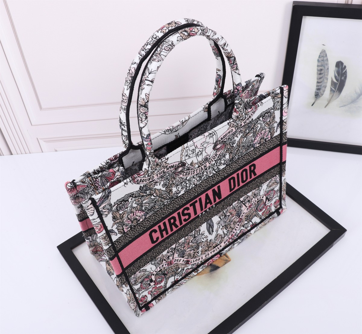 Medium D*0r Book Tote  White and Pastel Pink Butterfly Around The World Embroidery 14 x 11 x 6.5 inches