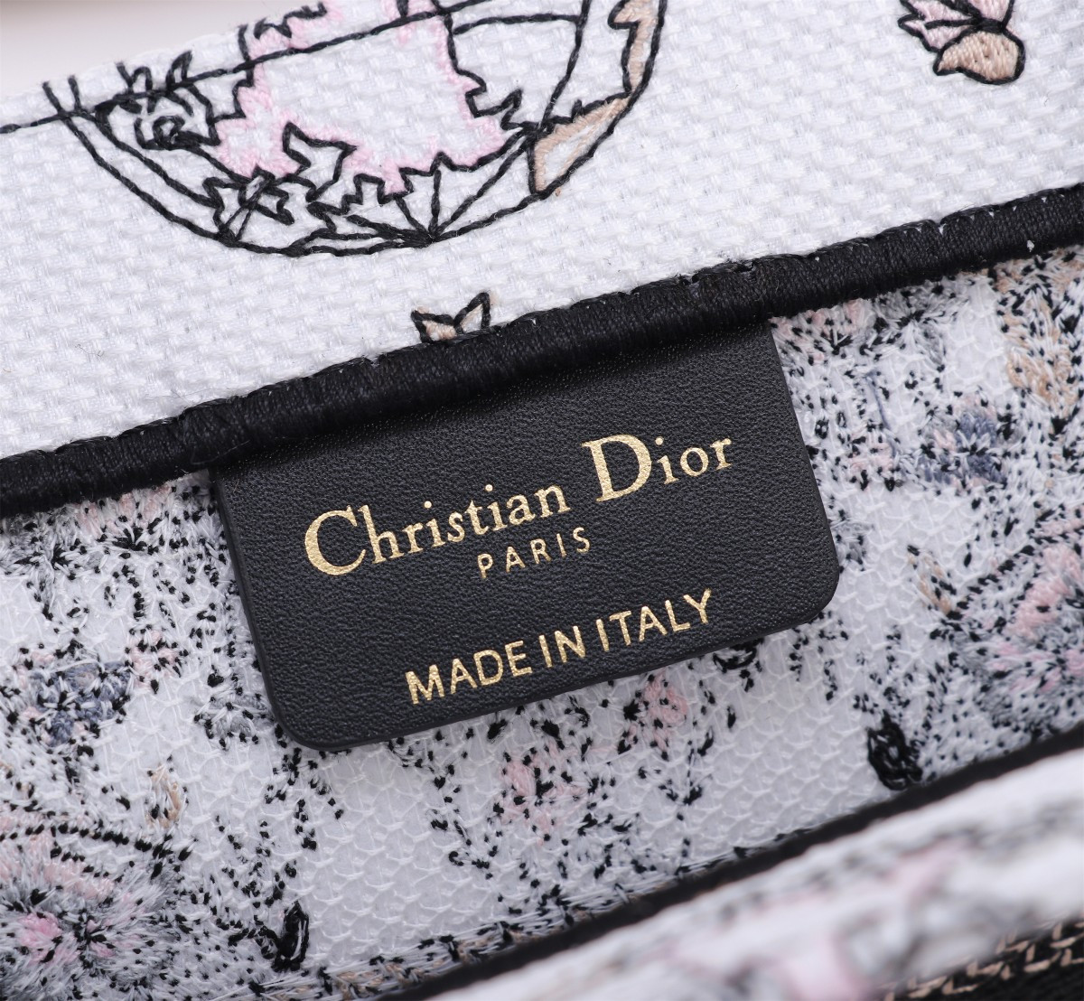 Medium D*0r Book Tote  White and Pastel Pink Butterfly Around The World Embroidery 14 x 11 x 6.5 inches