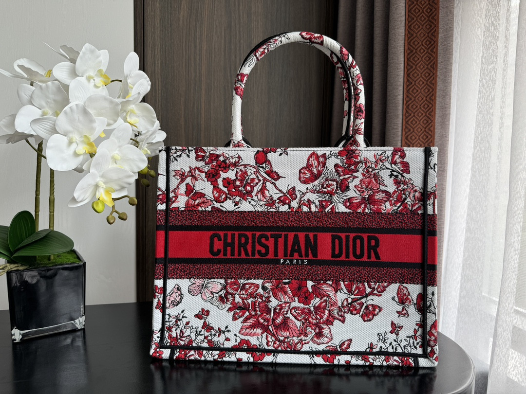 Medium D*0r Book Tote  White and Red Le Cœur des Papillons Embroidery 14 x 11 x 6.5 inches