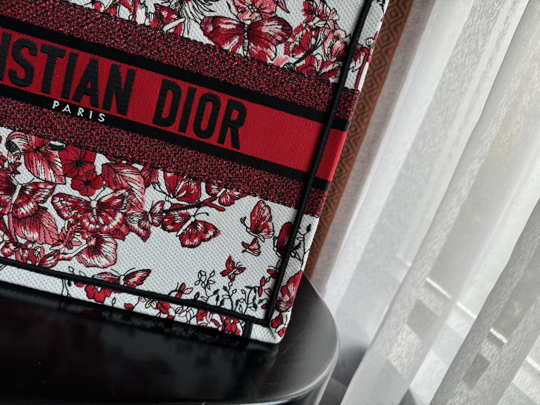 Medium D*0r Book Tote  White and Red Le Cœur des Papillons Embroidery 14 x 11 x 6.5 inches