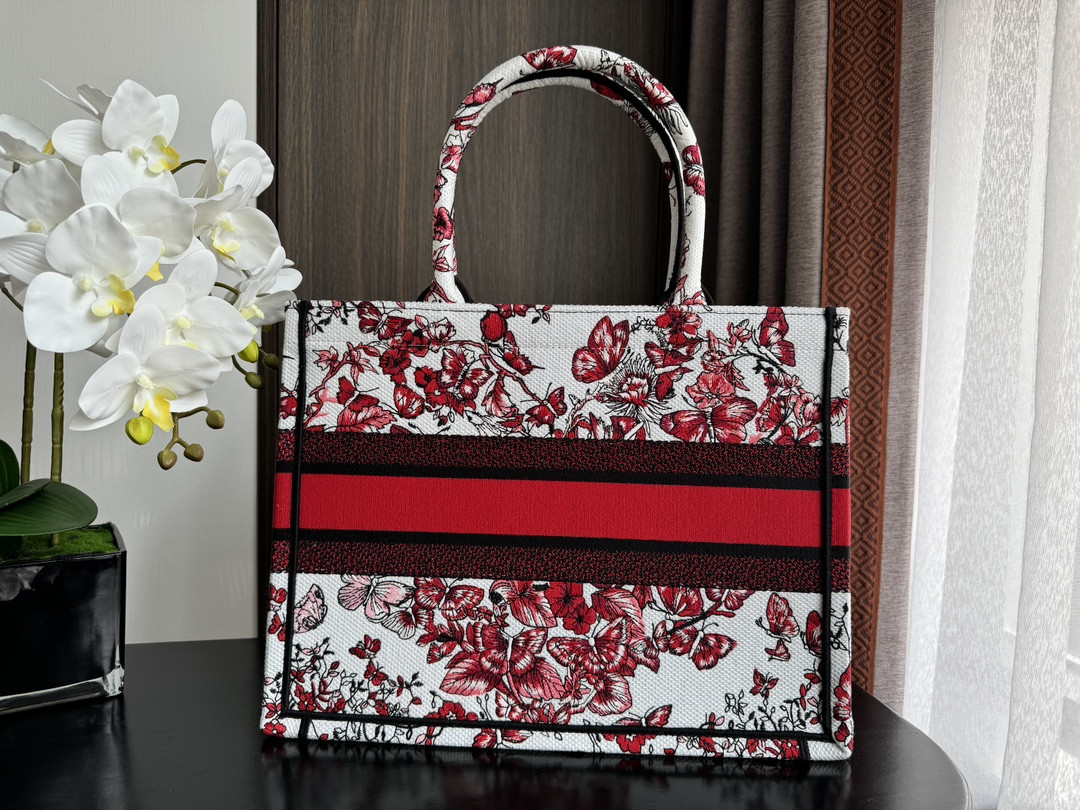 Medium D*0r Book Tote  White and Red Le Cœur des Papillons Embroidery 14 x 11 x 6.5 inches
