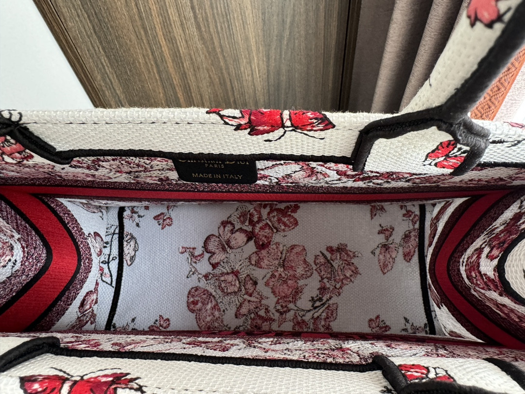 Medium D*0r Book Tote  White and Red Le Cœur des Papillons Embroidery 14 x 11 x 6.5 inches