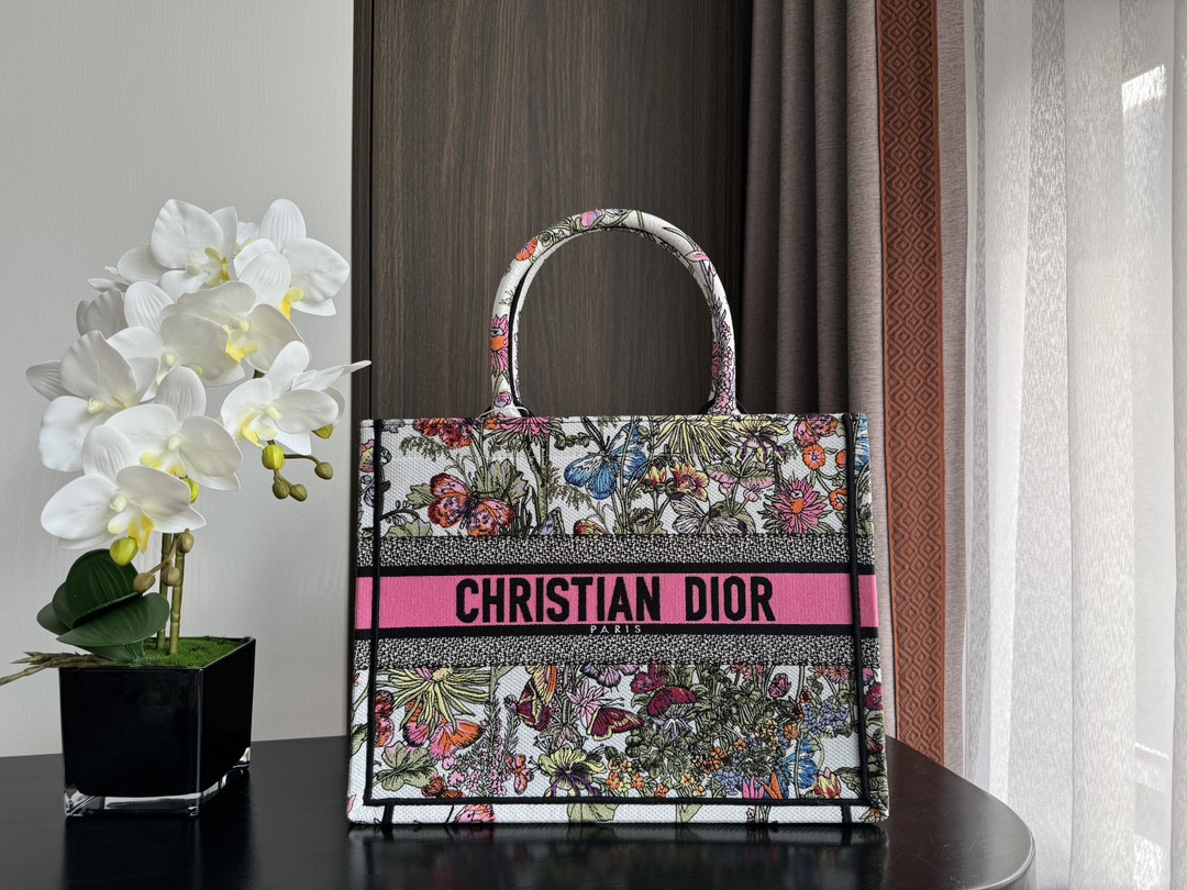 Medium D*0r Book Tote  White Multicolor Mexico Millefiori Embroidery 14 x 11 x 6.5 inches