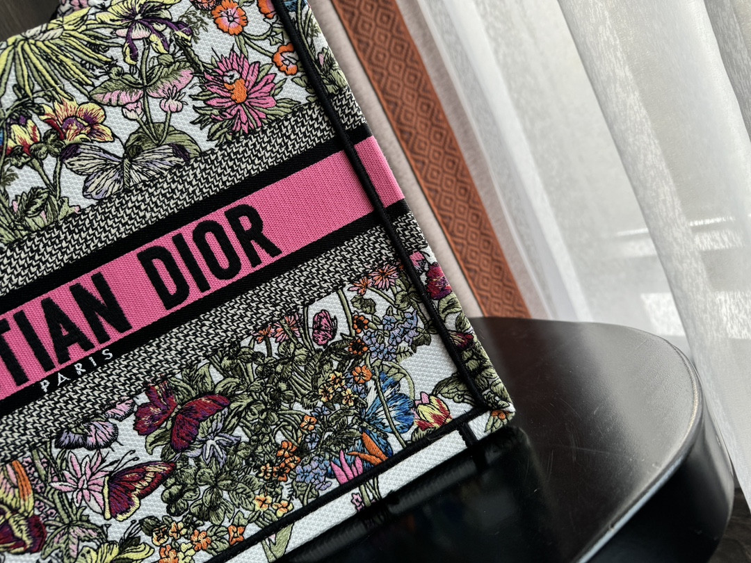 Medium D*0r Book Tote  White Multicolor Mexico Millefiori Embroidery 14 x 11 x 6.5 inches