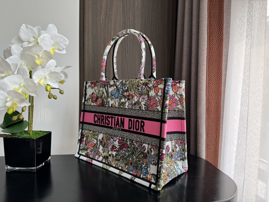 Medium D*0r Book Tote  White Multicolor Mexico Millefiori Embroidery 14 x 11 x 6.5 inches