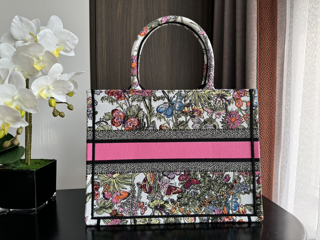Medium D*0r Book Tote  White Multicolor Mexico Millefiori Embroidery 14 x 11 x 6.5 inches