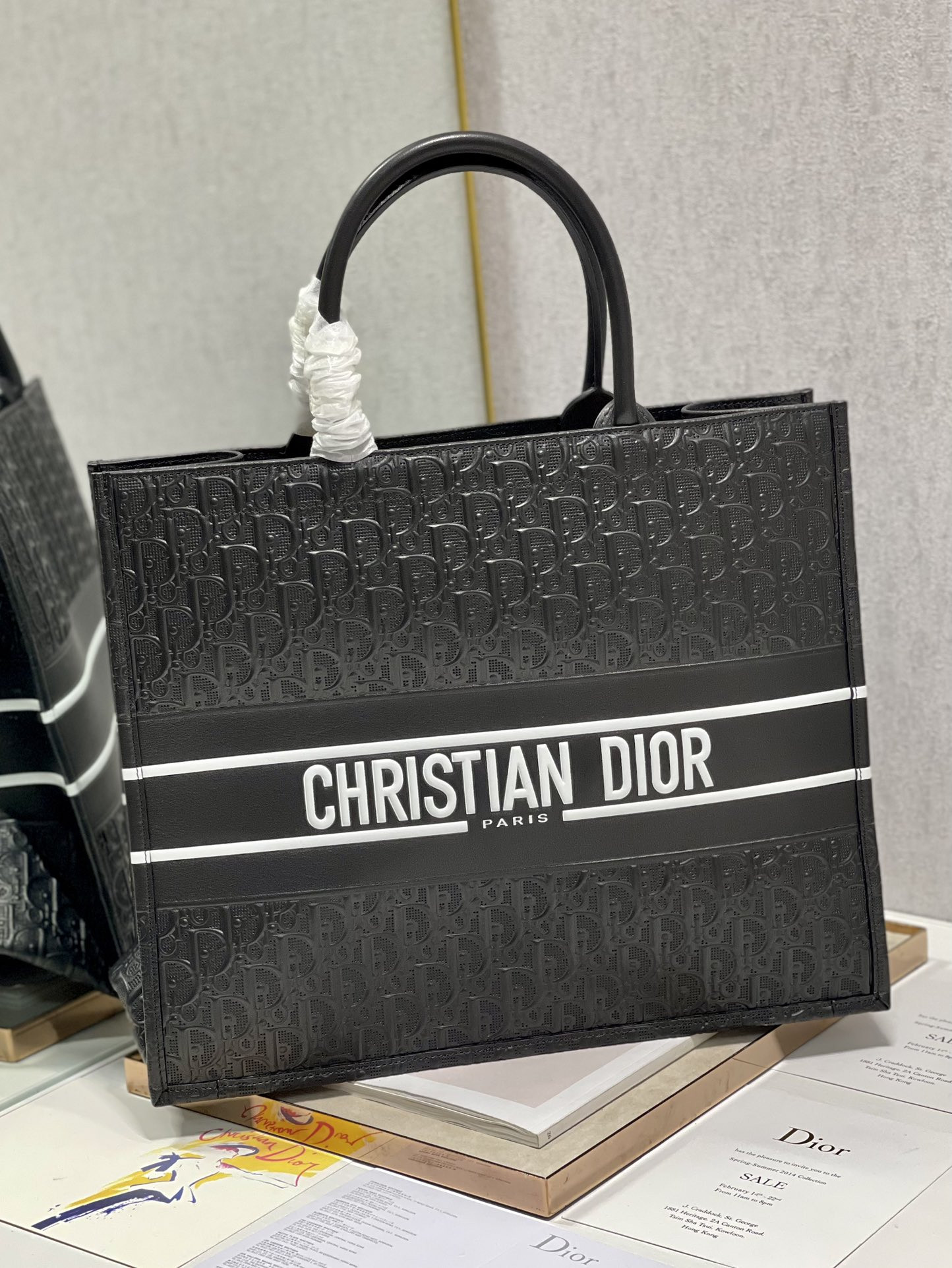 Large D*0r Book Tote Black White D*0r Oblique Embossed Calfskin 16.5 x 14 x 7.5 inches