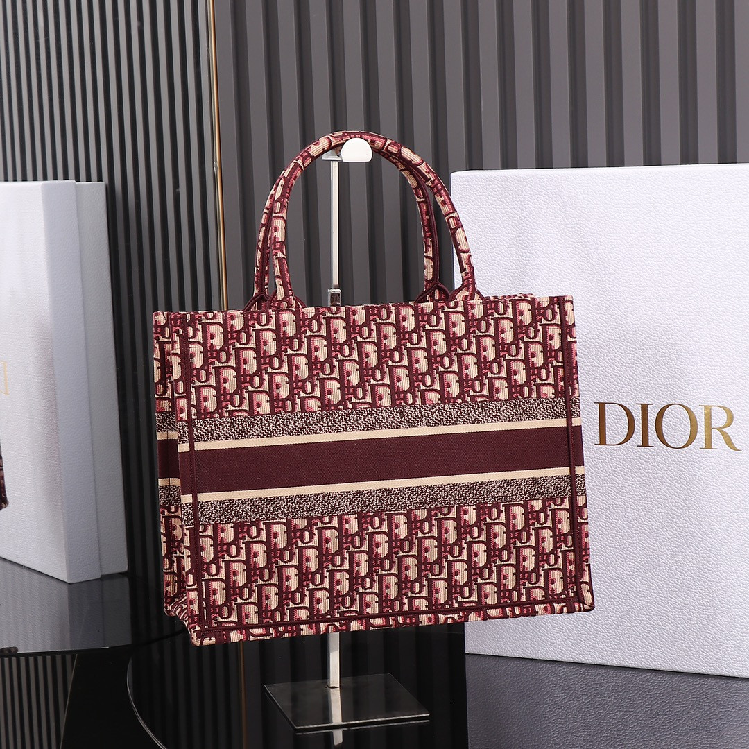 Medium D*0r Book Tote Oblique Burgundy 14 x 11 x 6.5 inches