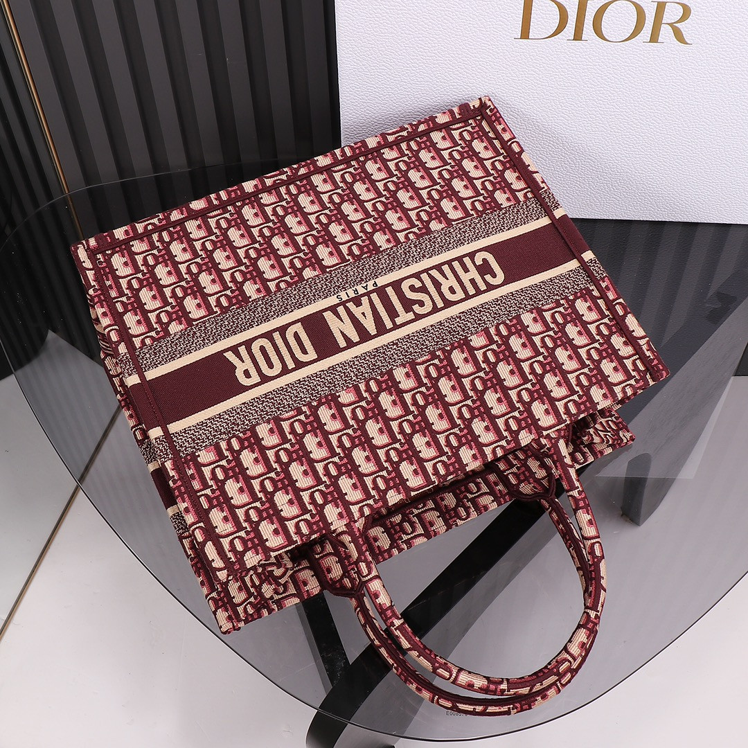 Medium D*0r Book Tote Oblique Burgundy 14 x 11 x 6.5 inches