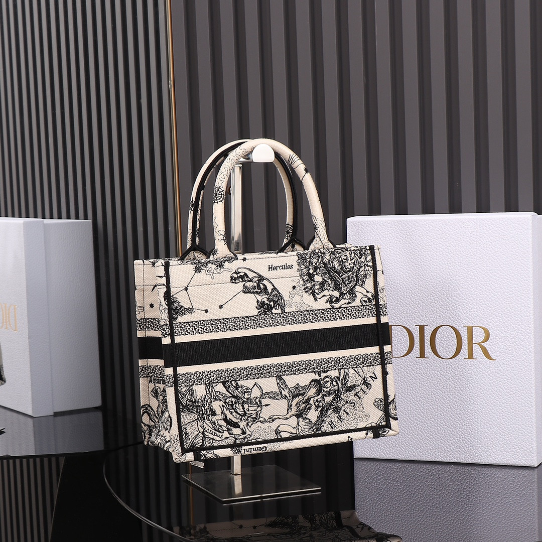 Small D*0r Book Tote Latte and Black Toile de Jouy Zodiac Embroidery 10.5 x 8.5 x 5.5 inches