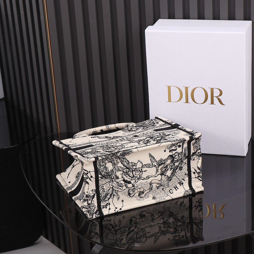 Small D*0r Book Tote Latte and Black Toile de Jouy Zodiac Embroidery 10.5 x 8.5 x 5.5 inches