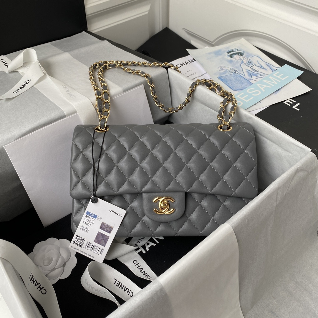 Ch*el CLASSIC HANDBAG GRAINED SHINY CALFSKIN & GOLD-TONE METAL GRAY 6 × 9.9 × 2.5 in