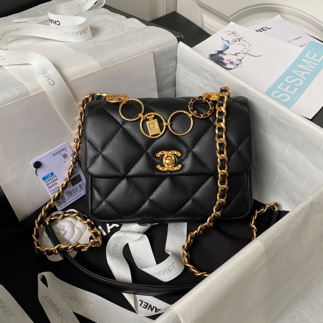 Ch*el MINI FLAP BAG BLACK 5.3 × 6.6 × 3.1 in