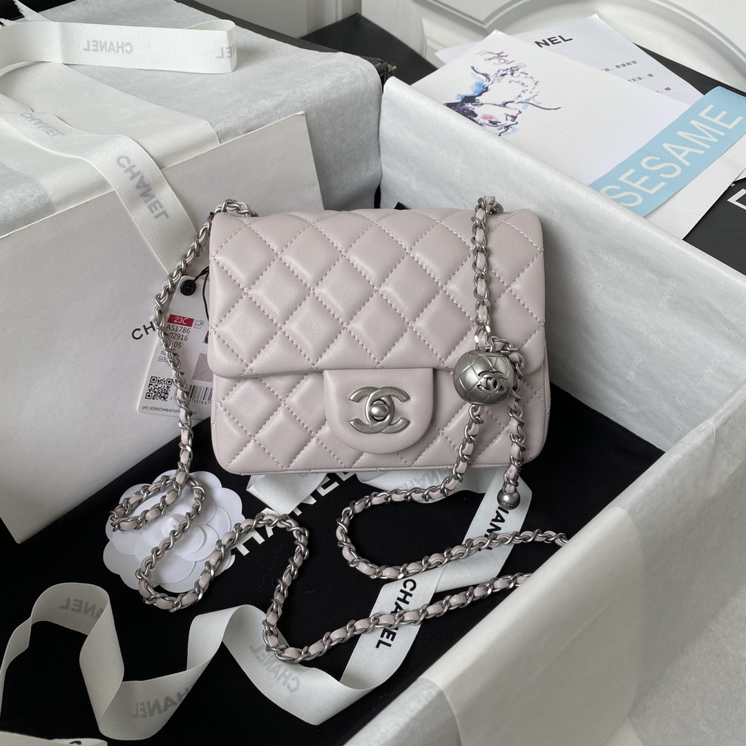 Ch*el MINI FLAP BAG SHINY CALFSKIN & SILVER-Tone METAL 5.3 × 6.6 × 3.1 in