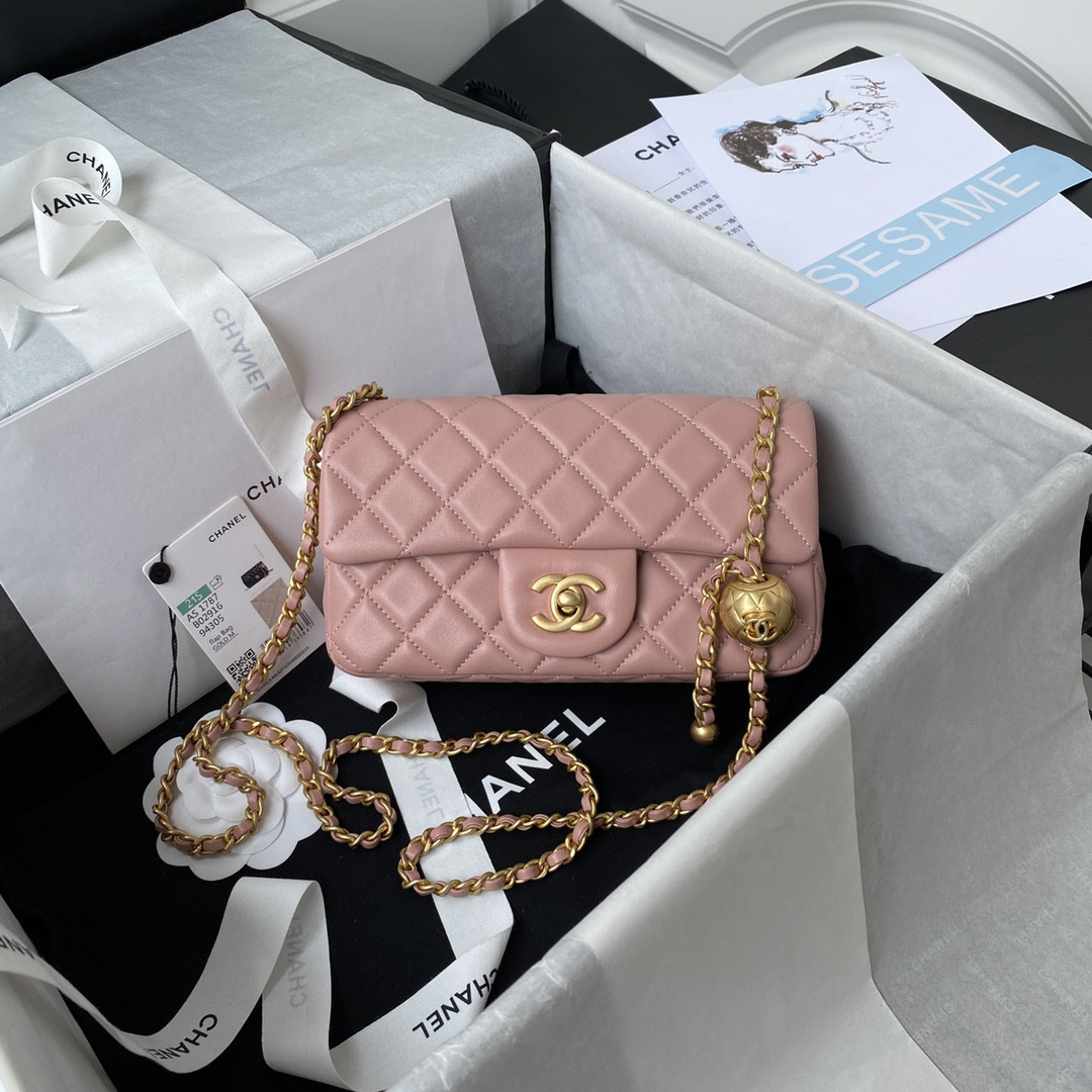 Ch*el MINI FLAP BAG SHINY CALFSKIN & gold-TONE METAL PINK 4.7 × 7.8 × 2.3 in
