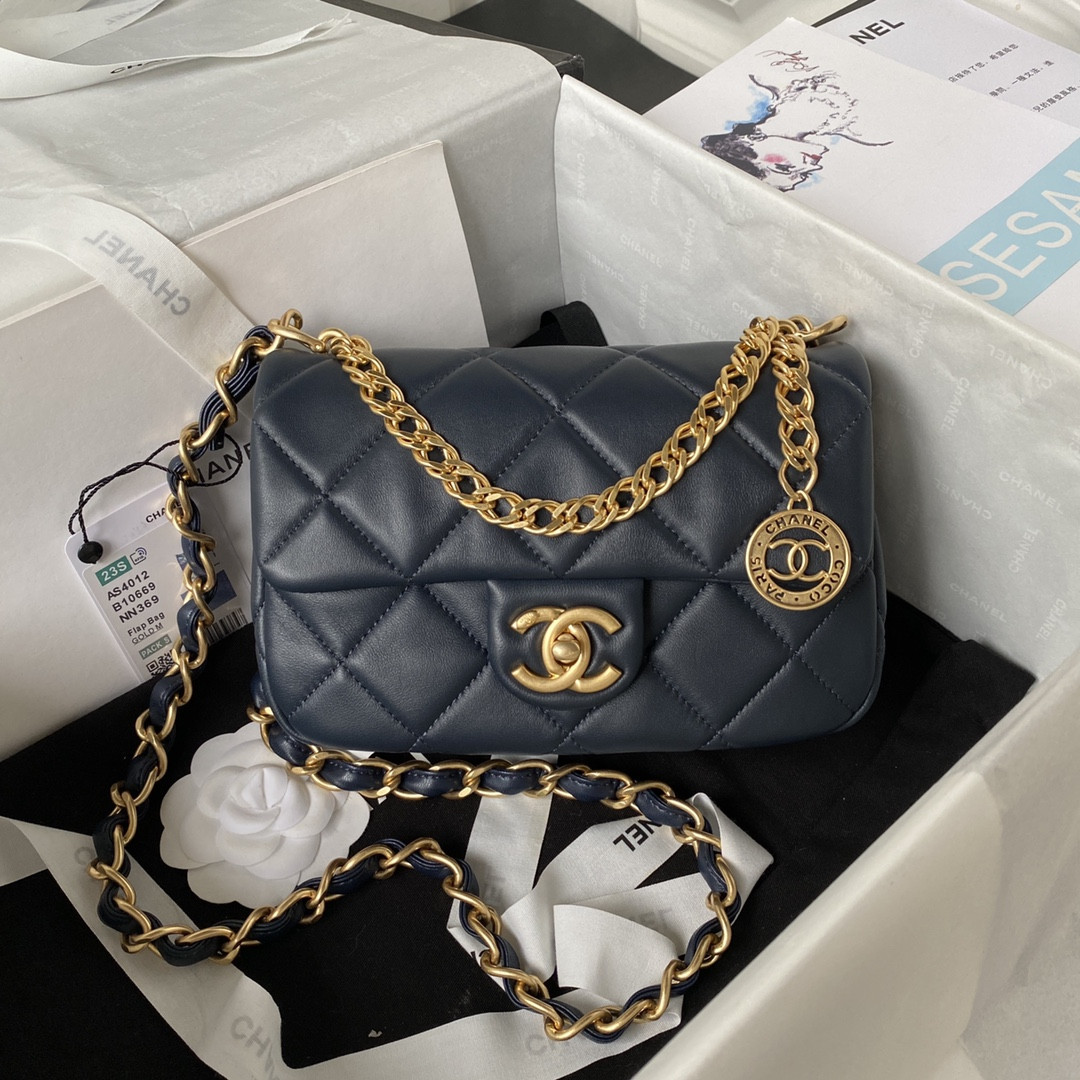 Ch*el MINI FLAP BAG NAVY 4.7 × 7.8 × 2.3 in
