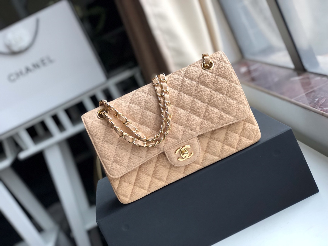 Ch*el CLASSIC HANDBAG GRAINED CALFSKIN & Gold-TONE METAL COFFEE 6 × 9.9 × 2.5 in