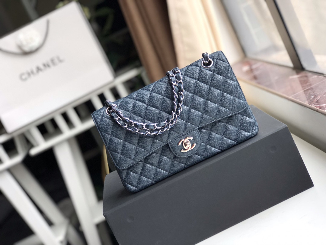 Ch*el CLASSIC HANDBAG GRAINED CALFSKIN & SILVER-TONE METAL NAVY 6 × 9.9 × 2.5 in