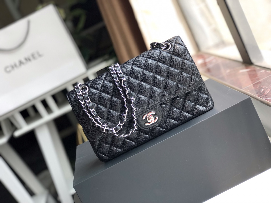 Ch*el CLASSIC HANDBAG GRAINED CALFSKIN & SILVER-TONE METAL black 6 × 9.9 × 2.5 in