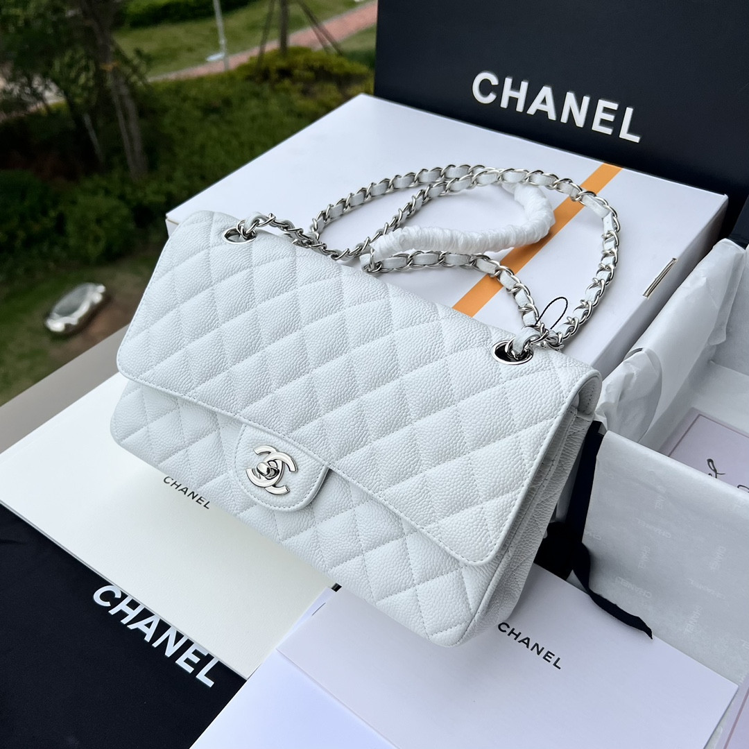 Ch*el CLASSIC HANDBAG GRAINED CALFSKIN & SILVER-TONE METAL WHITE 6 × 9.9 × 2.5 in