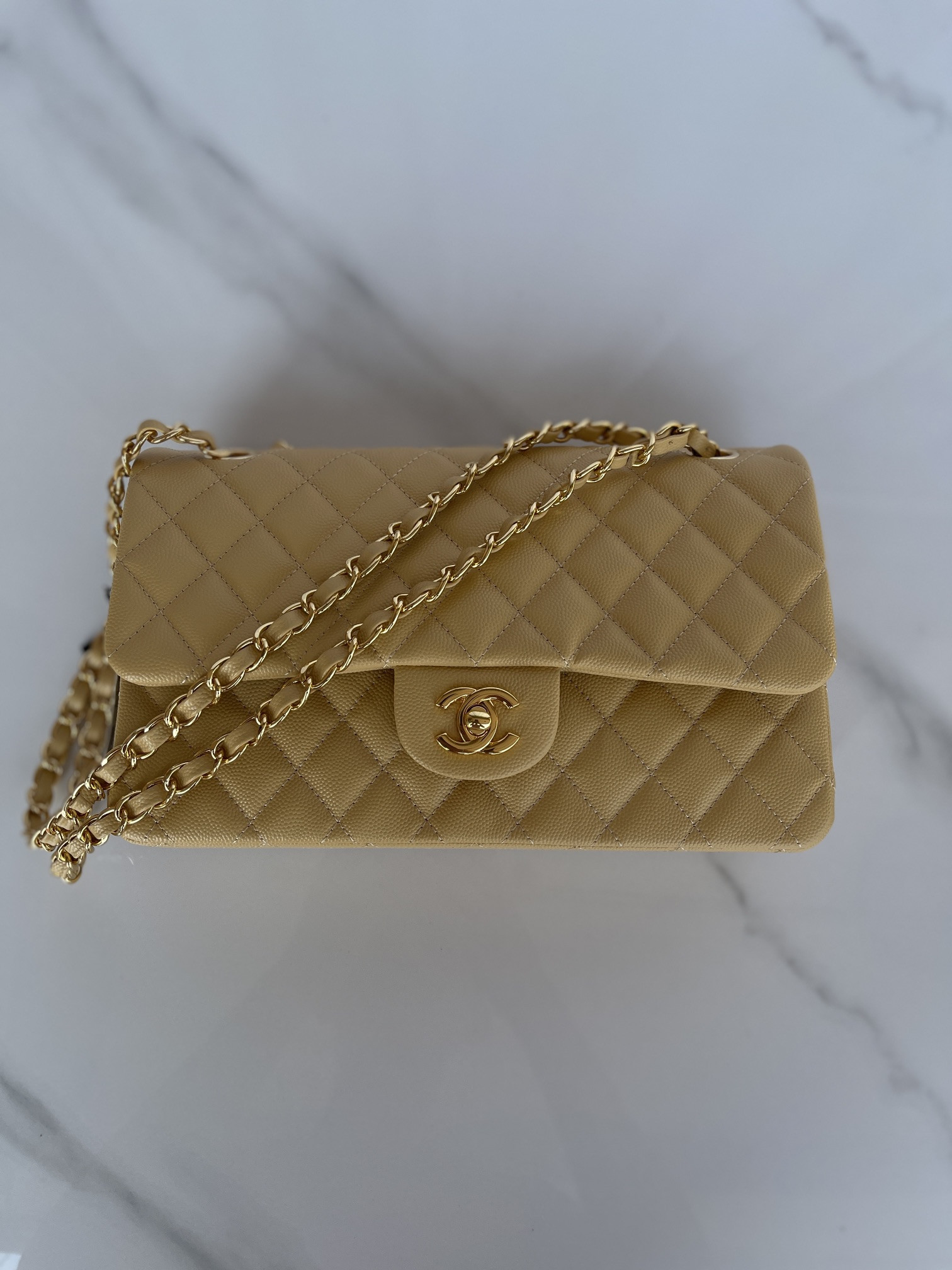 Ch*el CLASSIC HANDBAG GRAINED CALFSKIN & GOLD-TONE METAL YELLOW 6 × 9.9 × 2.5 in