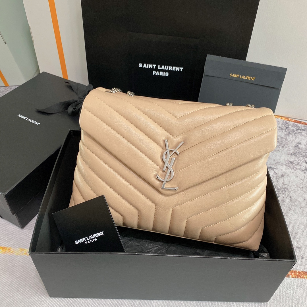 Y*L LOULOU MEDIUM IN QUILTED LEATHER DARK BEIGE SILVER 12.5 X 8.6 X 3.5 INCHES