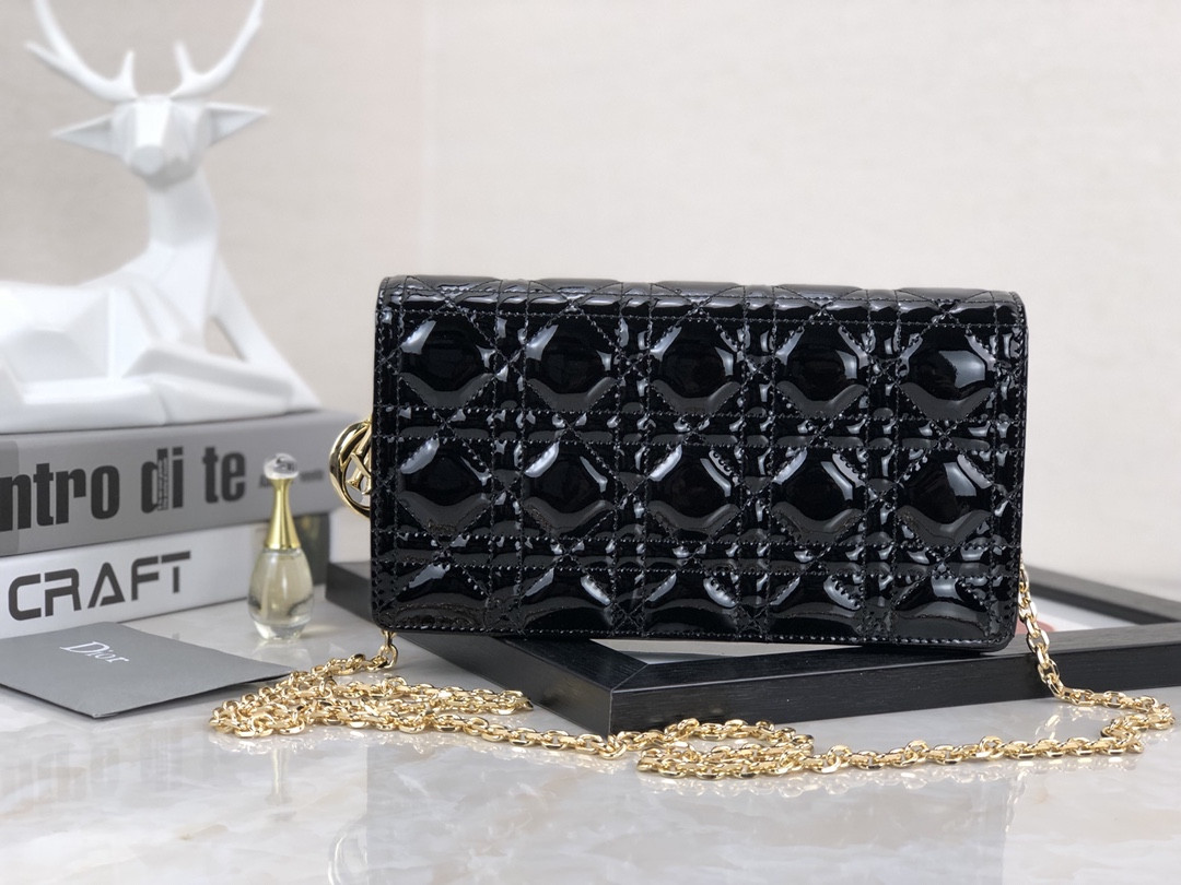 Lady D*0r Pouch  Black Patent Cannage Calfskin 8.5 x 4.5 x 1 inches