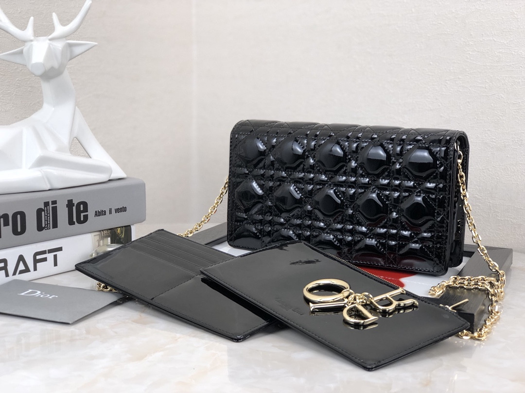Lady D*0r Pouch  Black Patent Cannage Calfskin 8.5 x 4.5 x 1 inches