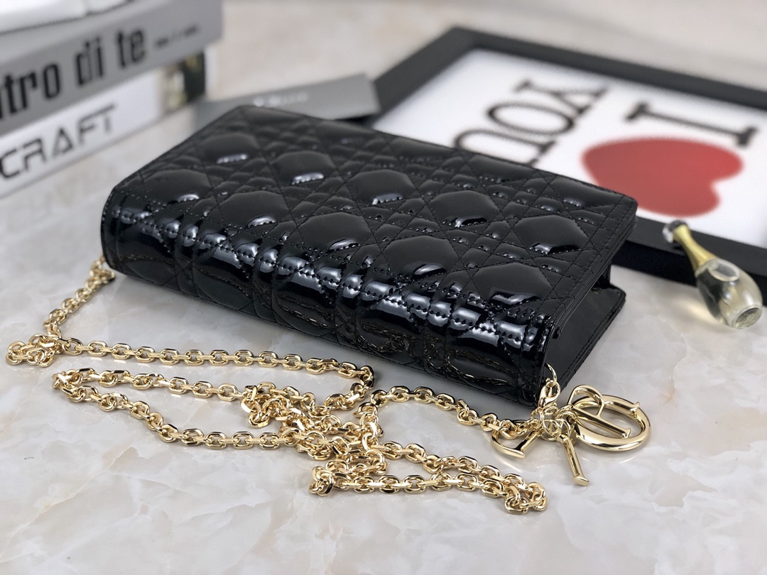 Lady D*0r Pouch  Black Patent Cannage Calfskin 8.5 x 4.5 x 1 inches